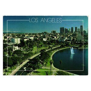 Vintage Los Angeles Postcard Featuring MacArthur Park Skyline City Roadway